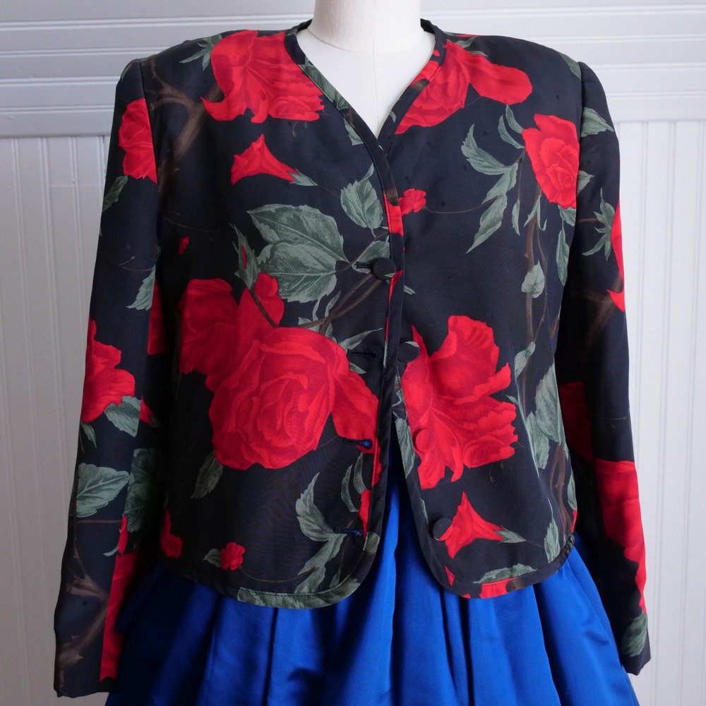 80s Austin Hill silk dark rose print cropped jacket‎